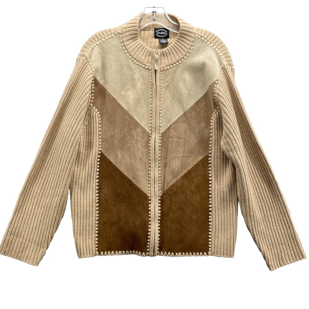 Designer Original Suede Sweater Jacket Women XL Knit Patch Boho Western 70s Chic